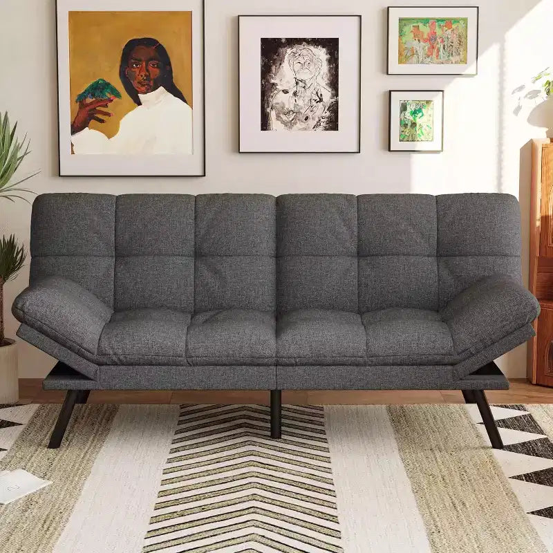 71 Futon Sofa Bed, Cozy Convertible Loveseat Sleeper, Linen Fabric Couch with Adjustable Back & Arms for Living Room, Guest Room - Light Gray
