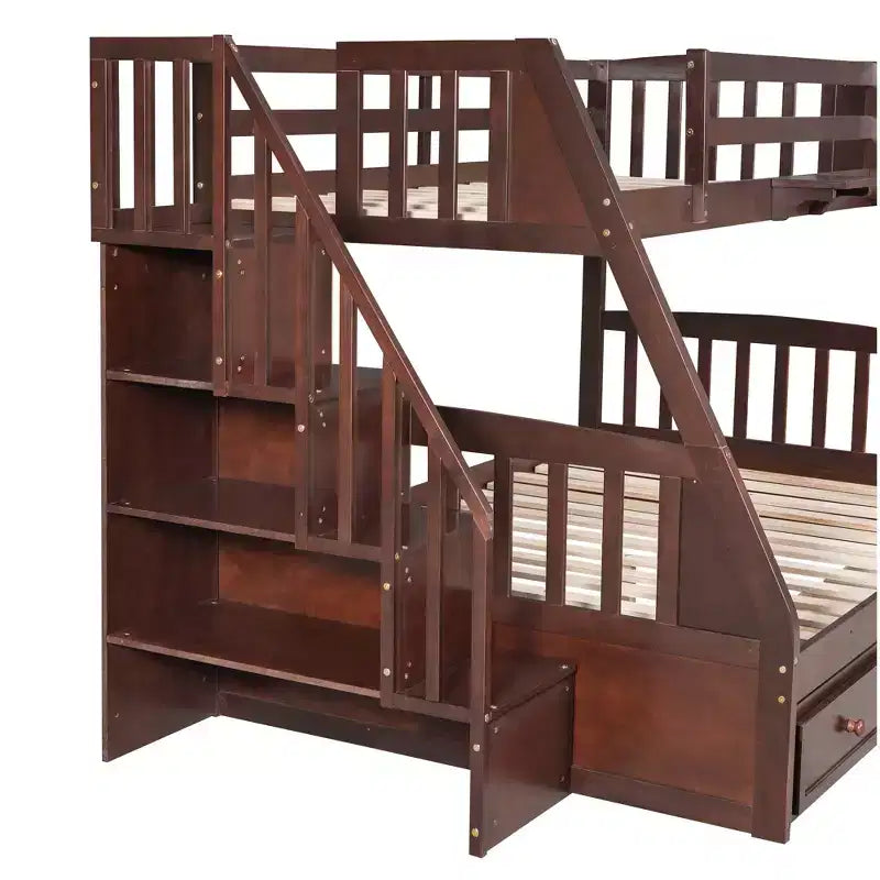 Twin over Full Bunk Bed with Drawers, Convertible Wood Bunk Bed with Two Storage Drawers, Solid Wood Detachable Bunk Bed Frame