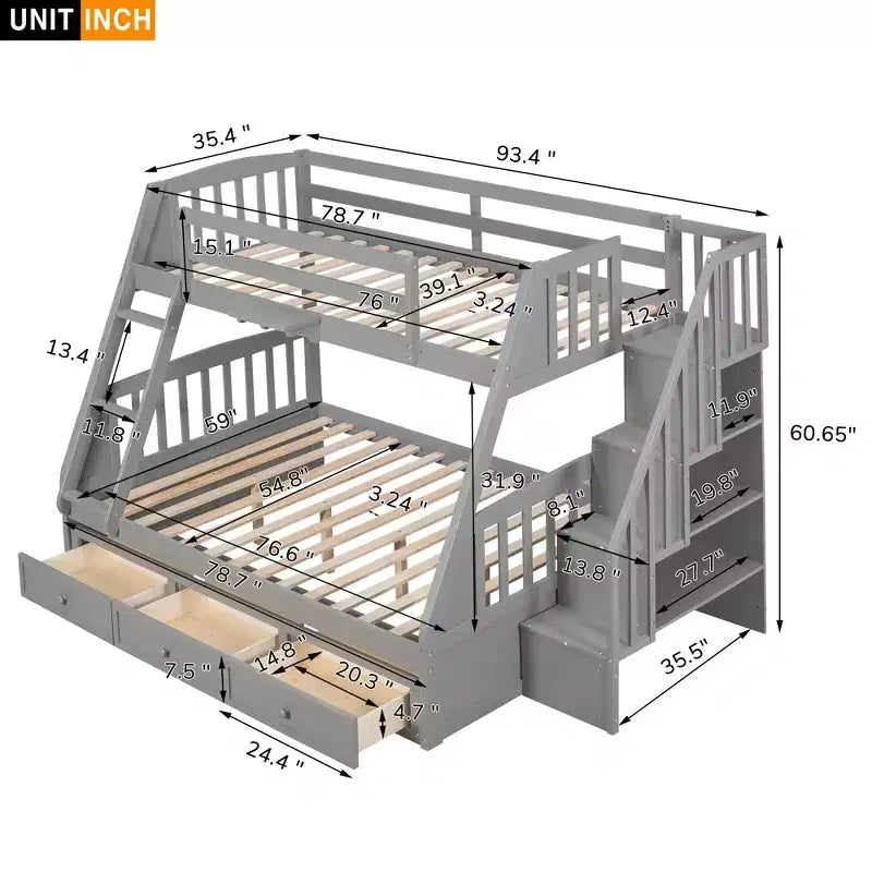 Twin over Full Bunk Bed with Drawers, Convertible Wood Bunk Bed with Two Storage Drawers, Solid Wood Detachable Bunk Bed Frame