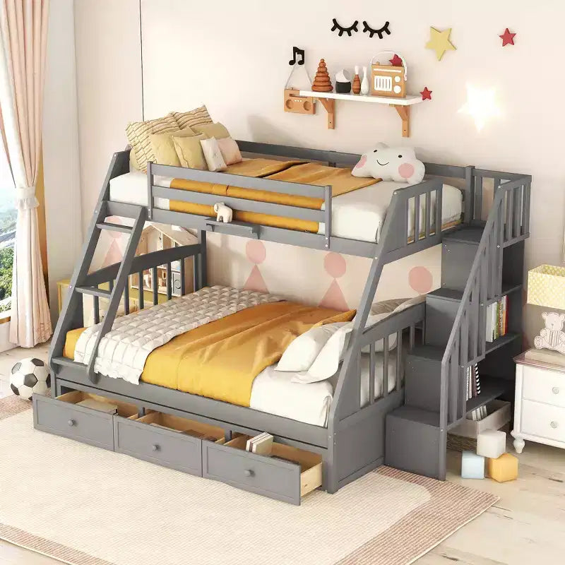 Twin over Full Bunk Bed with Drawers, Convertible Wood Bunk Bed with Two Storage Drawers, Solid Wood Detachable Bunk Bed Frame