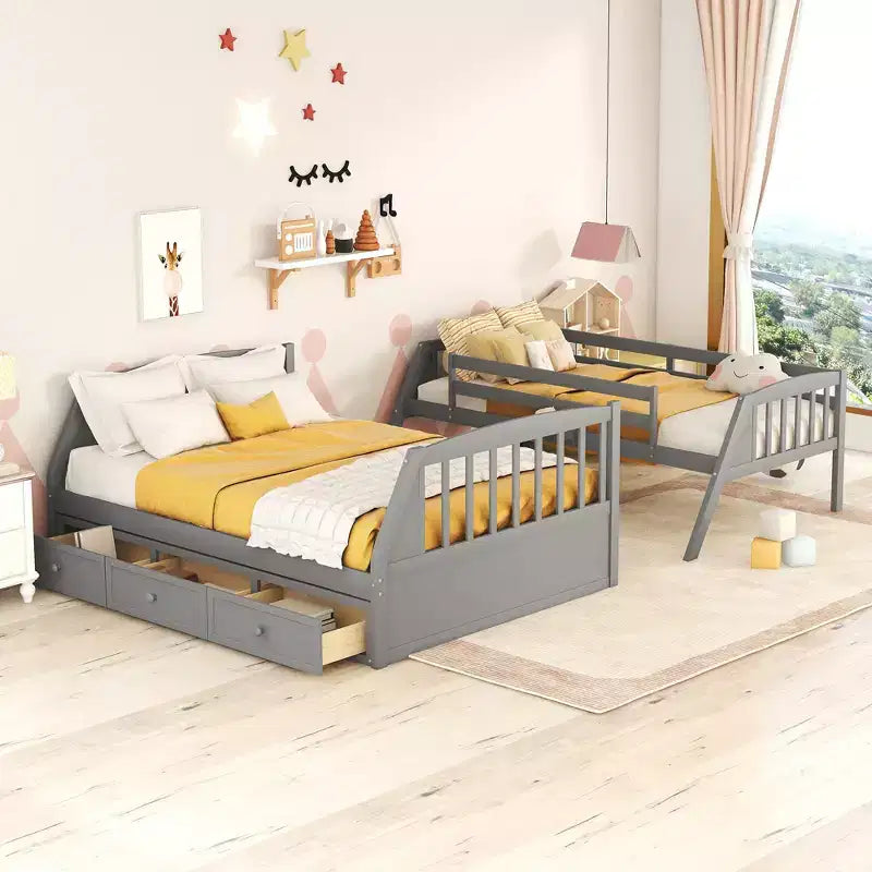 Twin over Full Bunk Bed with Drawers, Convertible Wood Bunk Bed with Two Storage Drawers, Solid Wood Detachable Bunk Bed Frame