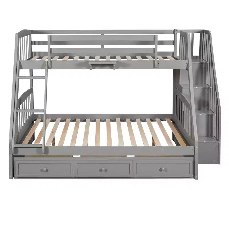 Twin over Full Bunk Bed with Drawers, Convertible Wood Bunk Bed with Two Storage Drawers, Solid Wood Detachable Bunk Bed Frame