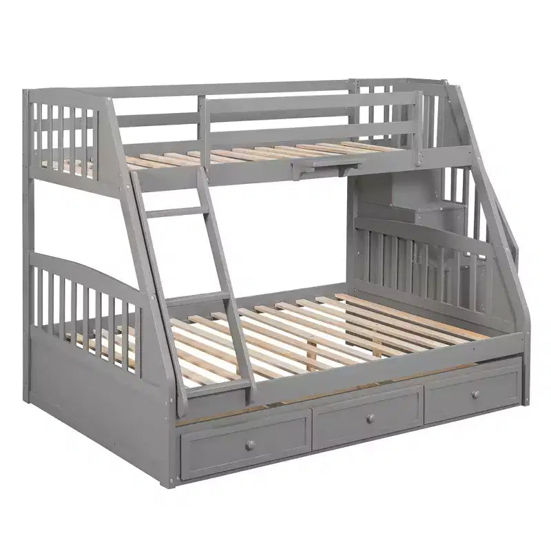 Twin over Full Bunk Bed with Drawers, Convertible Wood Bunk Bed with Two Storage Drawers, Solid Wood Detachable Bunk Bed Frame