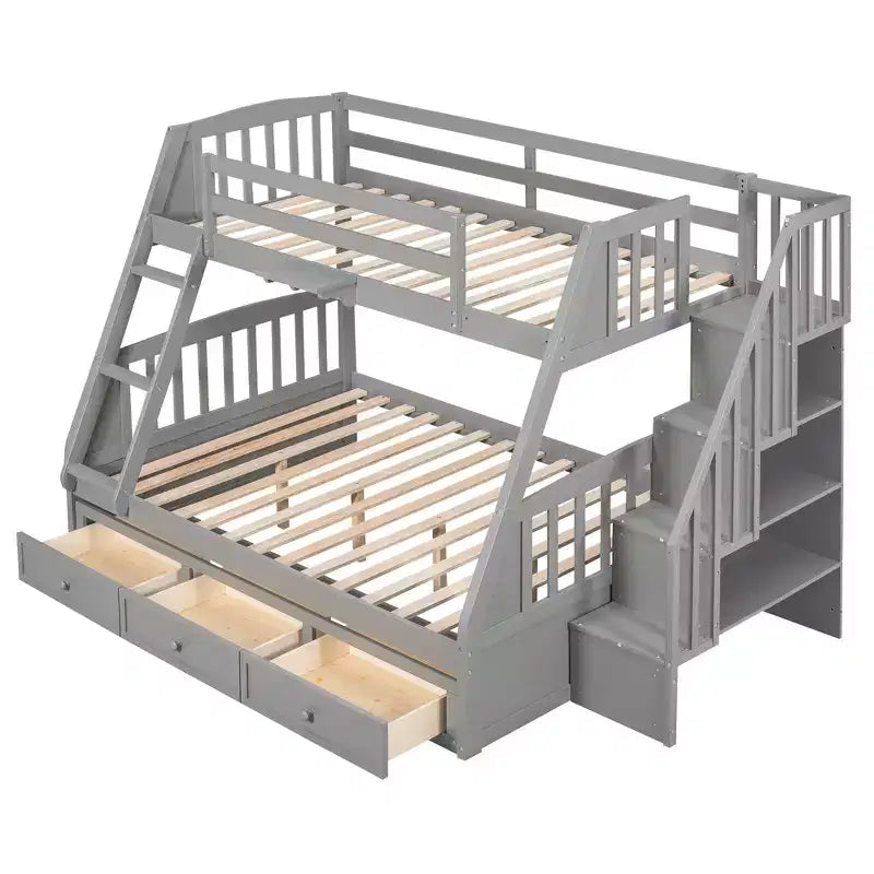 Twin over Full Bunk Bed with Drawers, Convertible Wood Bunk Bed with Two Storage Drawers, Solid Wood Detachable Bunk Bed Frame