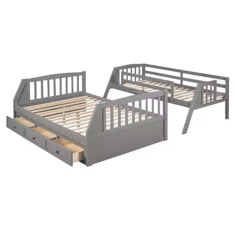 Twin over Full Bunk Bed with Drawers, Convertible Wood Bunk Bed with Two Storage Drawers, Solid Wood Detachable Bunk Bed Frame