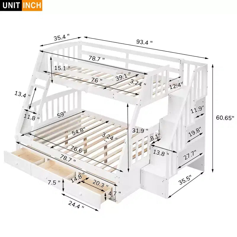 Twin over Full Bunk Bed with Drawers, Convertible Wood Bunk Bed with Two Storage Drawers, Solid Wood Detachable Bunk Bed Frame