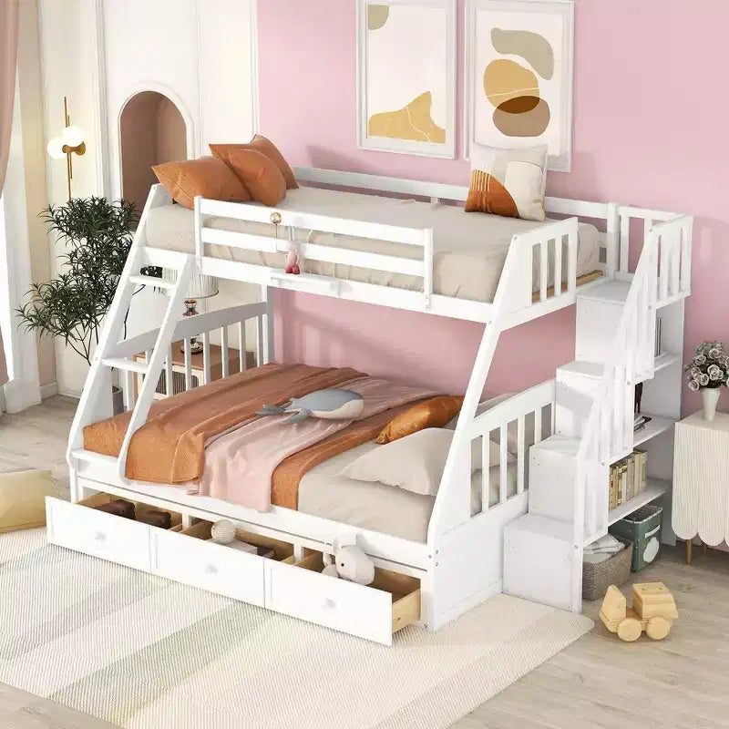 Twin over Full Bunk Bed with Drawers, Convertible Wood Bunk Bed with Two Storage Drawers, Solid Wood Detachable Bunk Bed Frame