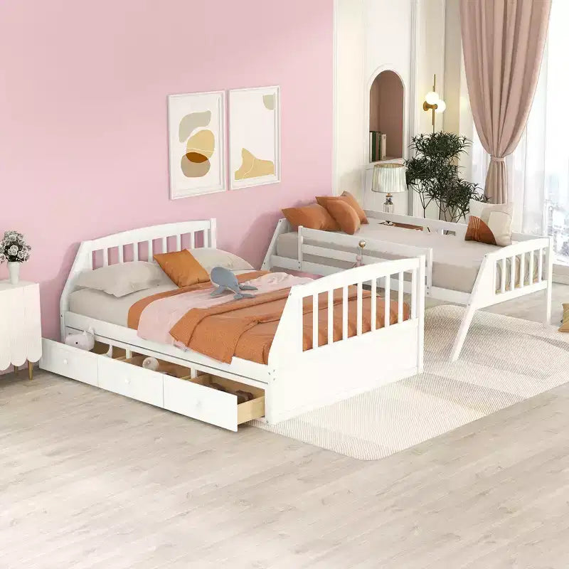 Twin over Full Bunk Bed with Drawers, Convertible Wood Bunk Bed with Two Storage Drawers, Solid Wood Detachable Bunk Bed Frame