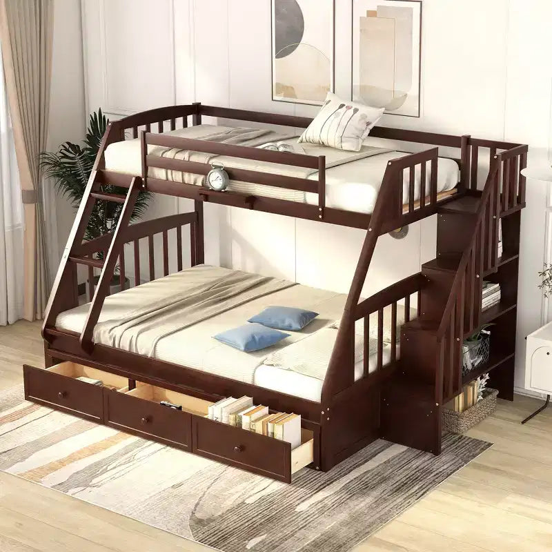 Twin over Full Bunk Bed with Drawers, Convertible Wood Bunk Bed with Two Storage Drawers, Solid Wood Detachable Bunk Bed Frame