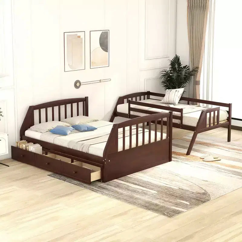 Twin over Full Bunk Bed with Drawers, Convertible Wood Bunk Bed with Two Storage Drawers, Solid Wood Detachable Bunk Bed Frame