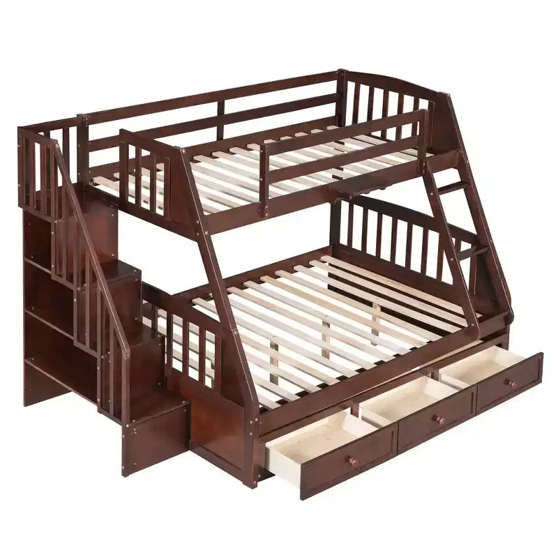 Twin over Full Bunk Bed with Drawers, Convertible Wood Bunk Bed with Two Storage Drawers, Solid Wood Detachable Bunk Bed Frame