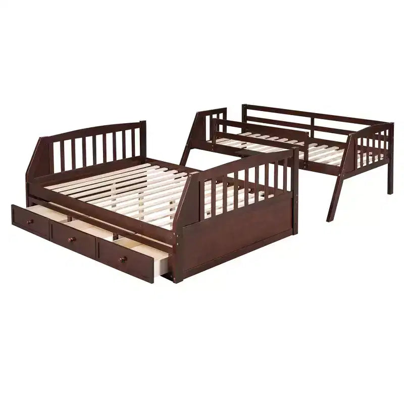 Twin over Full Bunk Bed with Drawers, Convertible Wood Bunk Bed with Two Storage Drawers, Solid Wood Detachable Bunk Bed Frame