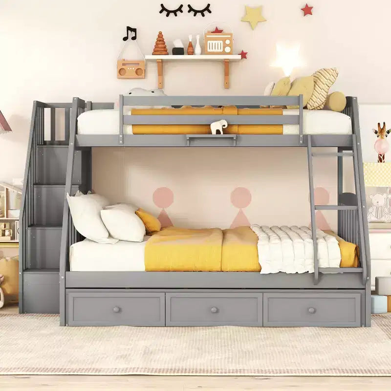 Twin over Full Bunk Bed with Drawers, Convertible Wood Bunk Bed with Two Storage Drawers, Solid Wood Detachable Bunk Bed Frame