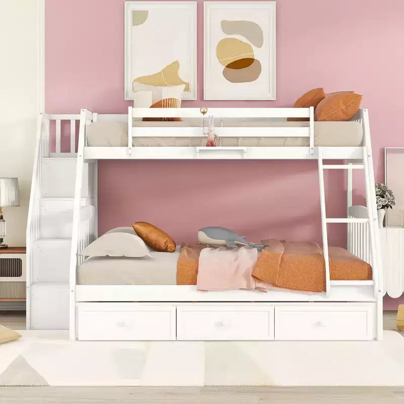 Twin over Full Bunk Bed with Drawers, Convertible Wood Bunk Bed with Two Storage Drawers, Solid Wood Detachable Bunk Bed Frame