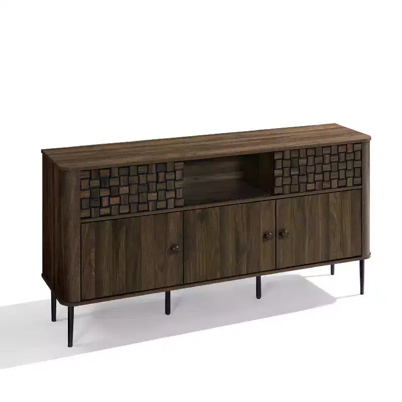 Dark Oak Manufactured Wood with Basket Weave 3-Door and 2-Sliding Door Sideboard Cabinet