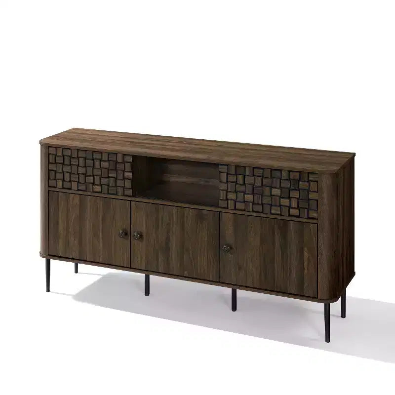 Dark Oak Manufactured Wood with Basket Weave 3-Door and 2-Sliding Door Sideboard Cabinet