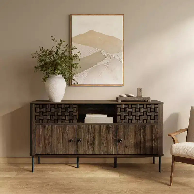Dark Oak Manufactured Wood with Basket Weave 3-Door and 2-Sliding Door Sideboard Cabinet