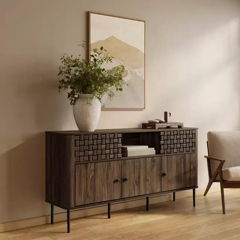 Dark Oak Manufactured Wood with Basket Weave 3-Door and 2-Sliding Door Sideboard Cabinet
