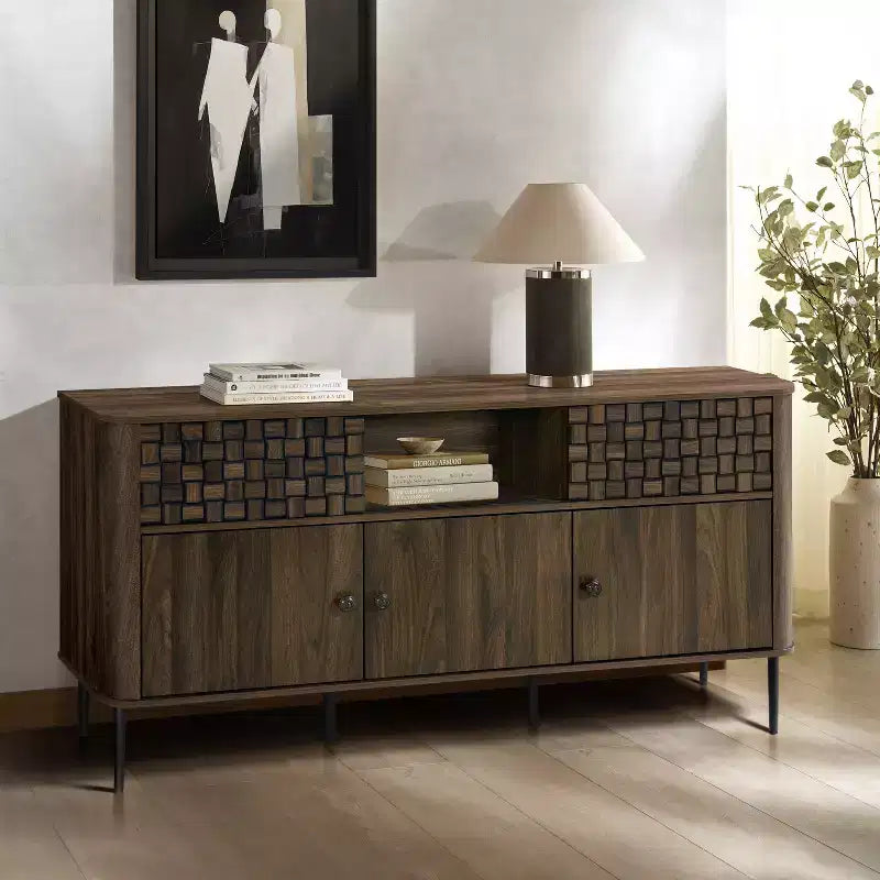 Dark Oak Manufactured Wood with Basket Weave 3-Door and 2-Sliding Door Sideboard Cabinet