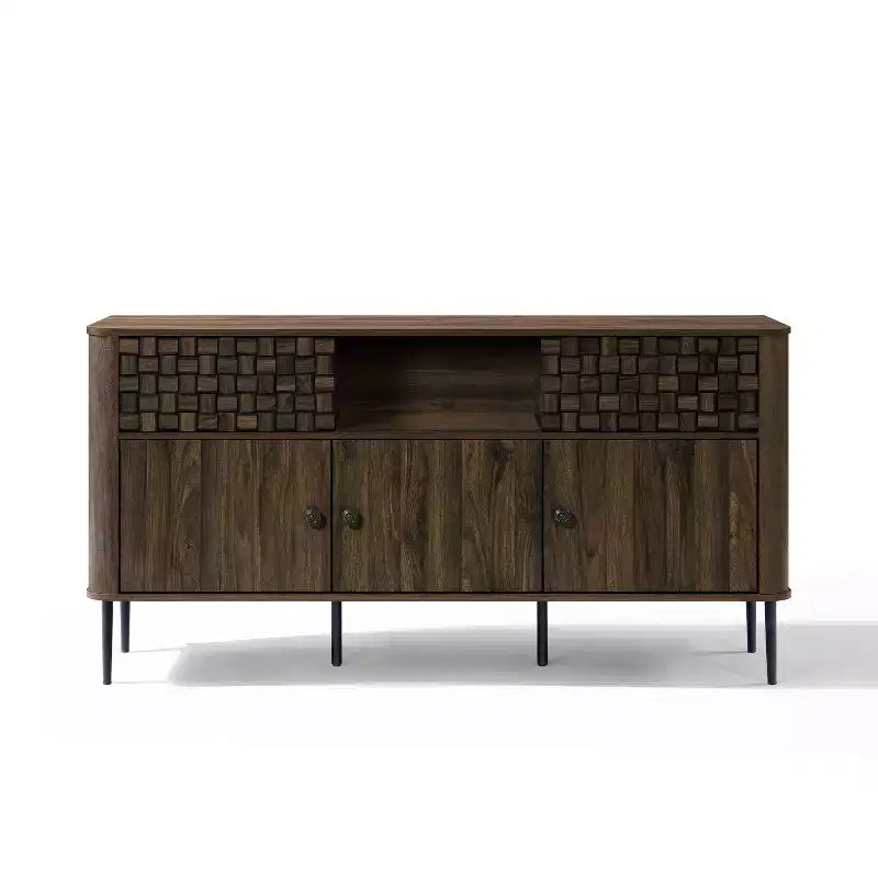Dark Oak Manufactured Wood with Basket Weave 3-Door and 2-Sliding Door Sideboard Cabinet