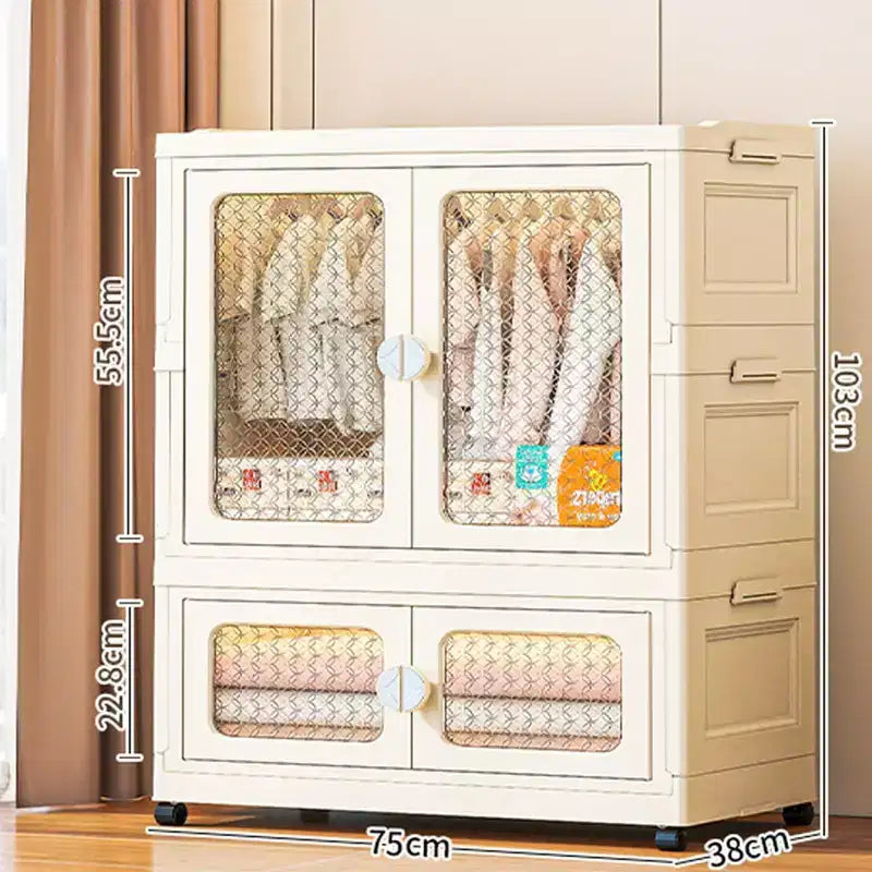 Stackable Storage Dog Closet with Lid for Living RoomCollapsible Storage Bins with Wheels,2 Tier Wardrobe Closet with Transparent Doors