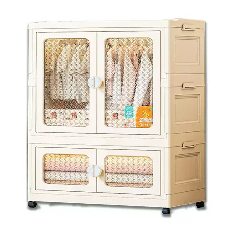 Stackable Storage Dog Closet with Lid for Living RoomCollapsible Storage Bins with Wheels,2 Tier Wardrobe Closet with Transparent Doors
