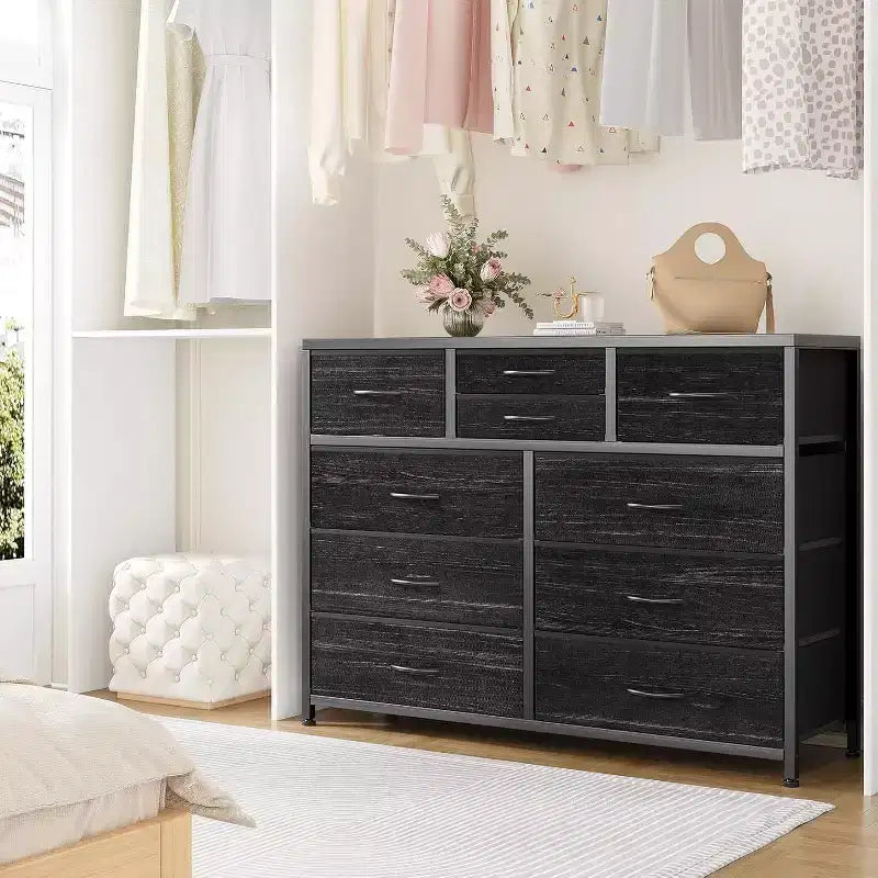 10 Drawers Fabric Dressers for Bedroom, Wood Top, Steel Frame, Modern Chest of Drawers, Lightweight Dresser with Fabric Bins for Living Room, Hallway