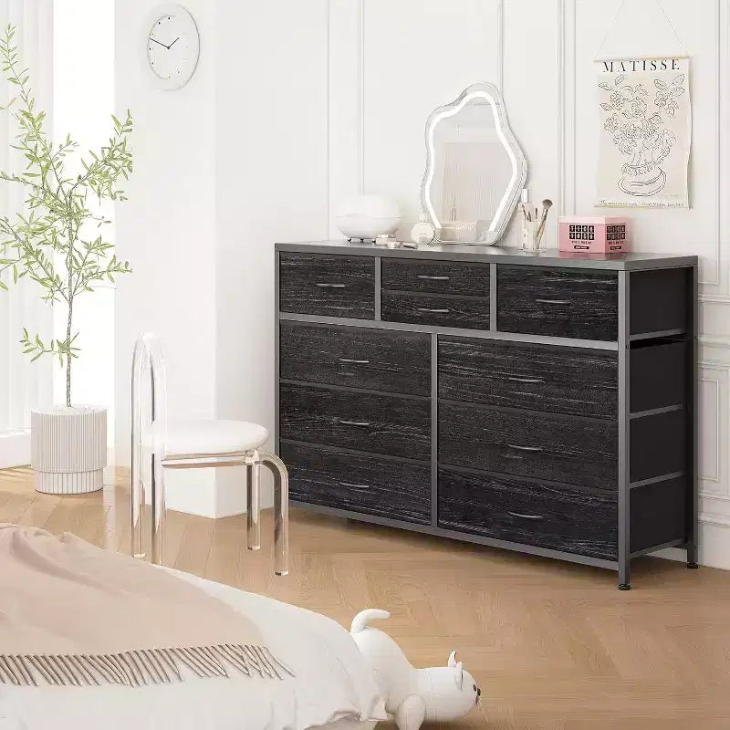 10 Drawers Fabric Dressers for Bedroom, Wood Top, Steel Frame, Modern Chest of Drawers, Lightweight Dresser with Fabric Bins for Living Room, Hallway