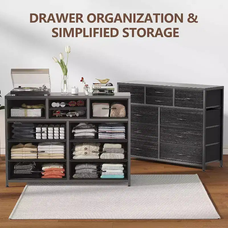 10 Drawers Fabric Dressers for Bedroom, Wood Top, Steel Frame, Modern Chest of Drawers, Lightweight Dresser with Fabric Bins for Living Room, Hallway