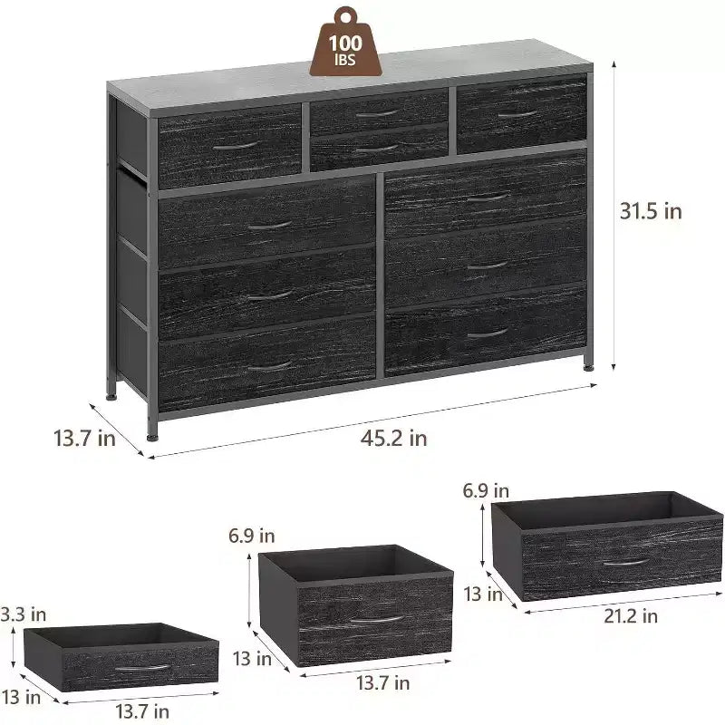 10 Drawers Fabric Dressers for Bedroom, Wood Top, Steel Frame, Modern Chest of Drawers, Lightweight Dresser with Fabric Bins for Living Room, Hallway