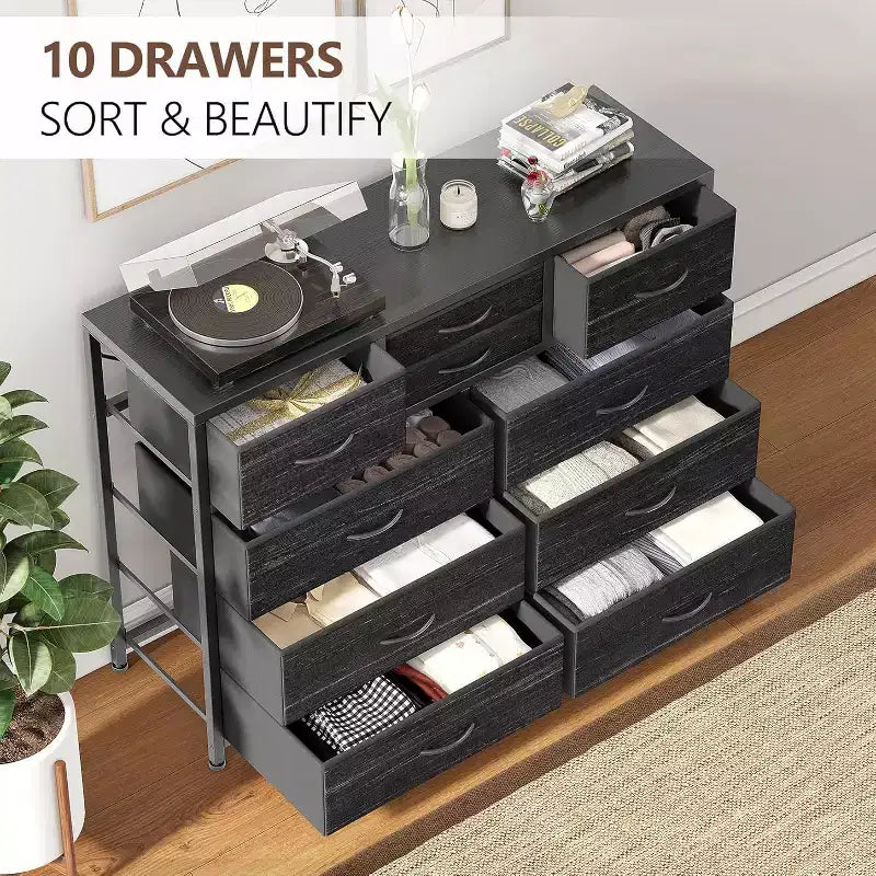 10 Drawers Fabric Dressers for Bedroom, Wood Top, Steel Frame, Modern Chest of Drawers, Lightweight Dresser with Fabric Bins for Living Room, Hallway
