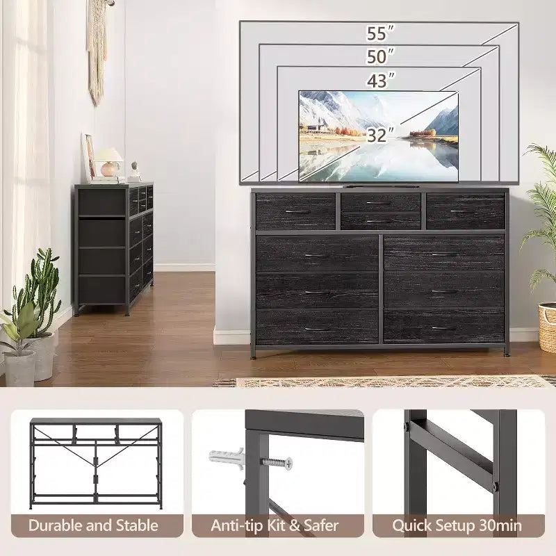 10 Drawers Fabric Dressers for Bedroom, Wood Top, Steel Frame, Modern Chest of Drawers, Lightweight Dresser with Fabric Bins for Living Room, Hallway
