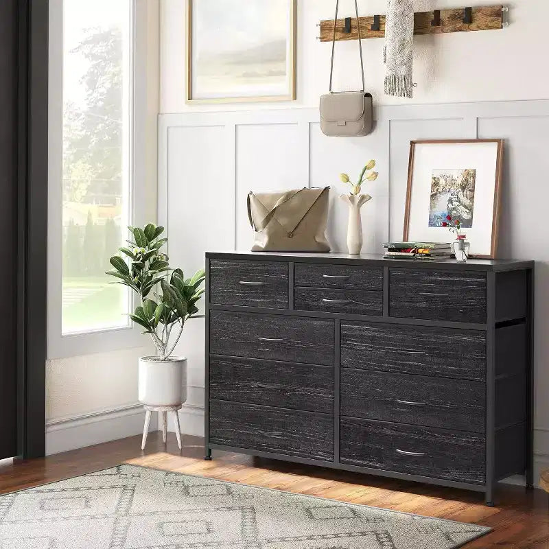 10 Drawers Fabric Dressers for Bedroom, Wood Top, Steel Frame, Modern Chest of Drawers, Lightweight Dresser with Fabric Bins for Living Room, Hallway