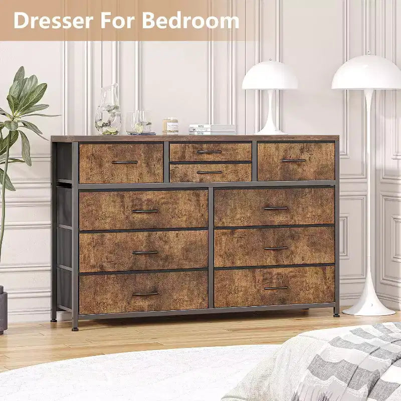 10 Drawers Fabric Dressers for Bedroom, Wood Top, Steel Frame, Modern Chest of Drawers, Lightweight Dresser with Fabric Bins for Living Room, Hallway