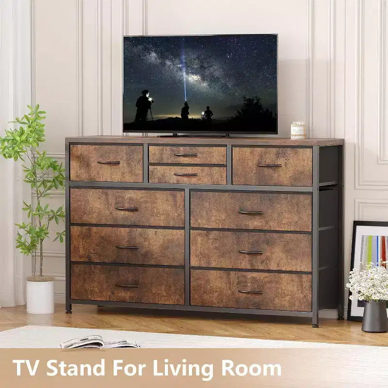 10 Drawers Fabric Dressers for Bedroom, Wood Top, Steel Frame, Modern Chest of Drawers, Lightweight Dresser with Fabric Bins for Living Room, Hallway