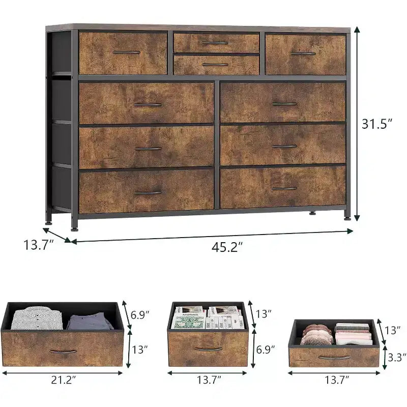10 Drawers Fabric Dressers for Bedroom, Wood Top, Steel Frame, Modern Chest of Drawers, Lightweight Dresser with Fabric Bins for Living Room, Hallway