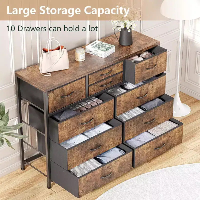 10 Drawers Fabric Dressers for Bedroom, Wood Top, Steel Frame, Modern Chest of Drawers, Lightweight Dresser with Fabric Bins for Living Room, Hallway