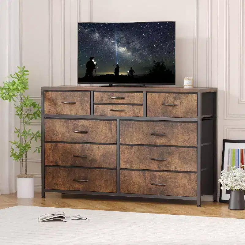 10 Drawers Fabric Dressers for Bedroom, Wood Top, Steel Frame, Modern Chest of Drawers, Lightweight Dresser with Fabric Bins for Living Room, Hallway
