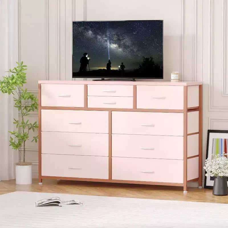 10 Drawers Fabric Dressers for Bedroom, Wood Top, Steel Frame, Modern Chest of Drawers, Lightweight Dresser with Fabric Bins for Living Room, Hallway