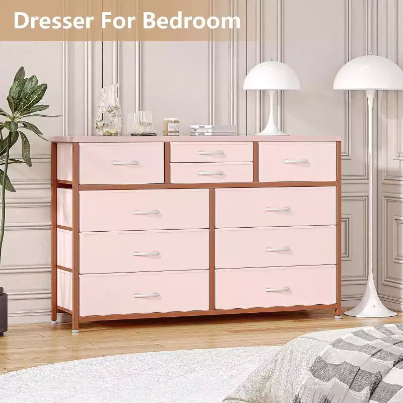 10 Drawers Fabric Dressers for Bedroom, Wood Top, Steel Frame, Modern Chest of Drawers, Lightweight Dresser with Fabric Bins for Living Room, Hallway
