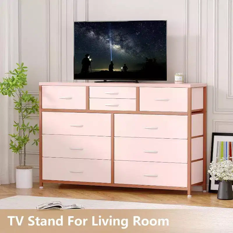 10 Drawers Fabric Dressers for Bedroom, Wood Top, Steel Frame, Modern Chest of Drawers, Lightweight Dresser with Fabric Bins for Living Room, Hallway
