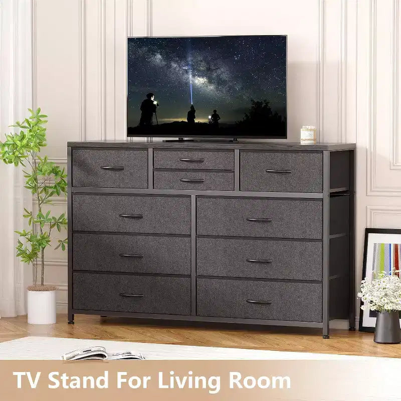 10 Drawers Fabric Dressers for Bedroom, Wood Top, Steel Frame, Modern Chest of Drawers, Lightweight Dresser with Fabric Bins for Living Room, Hallway