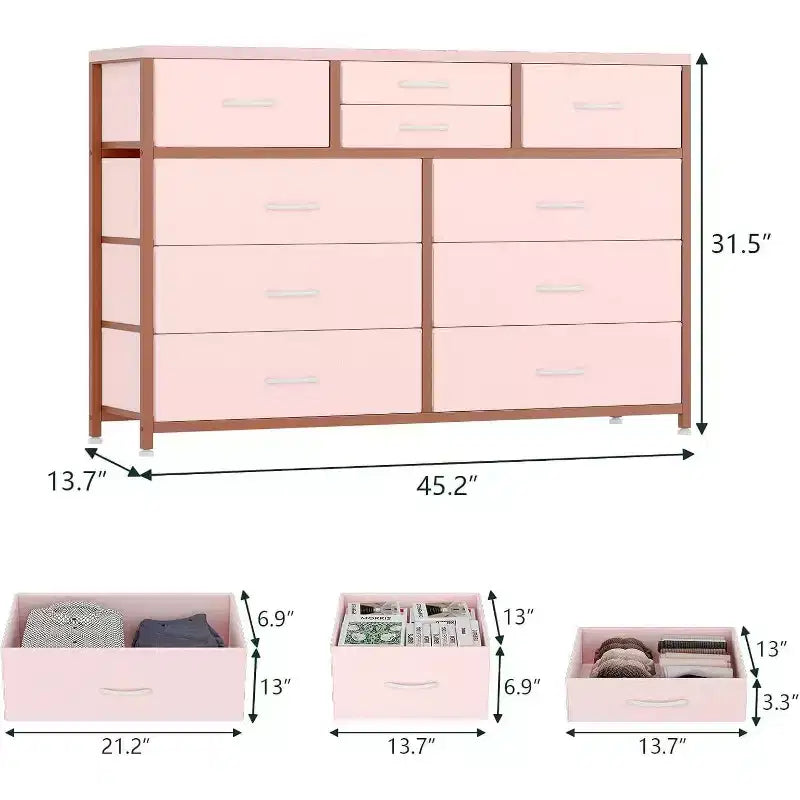 10 Drawers Fabric Dressers for Bedroom, Wood Top, Steel Frame, Modern Chest of Drawers, Lightweight Dresser with Fabric Bins for Living Room, Hallway