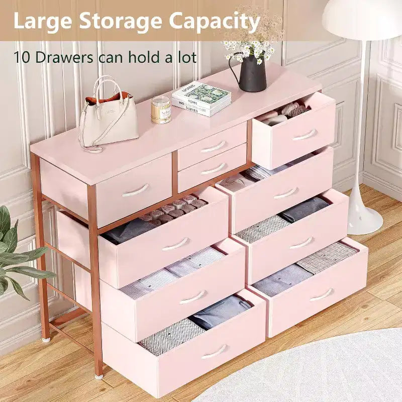 10 Drawers Fabric Dressers for Bedroom, Wood Top, Steel Frame, Modern Chest of Drawers, Lightweight Dresser with Fabric Bins for Living Room, Hallway