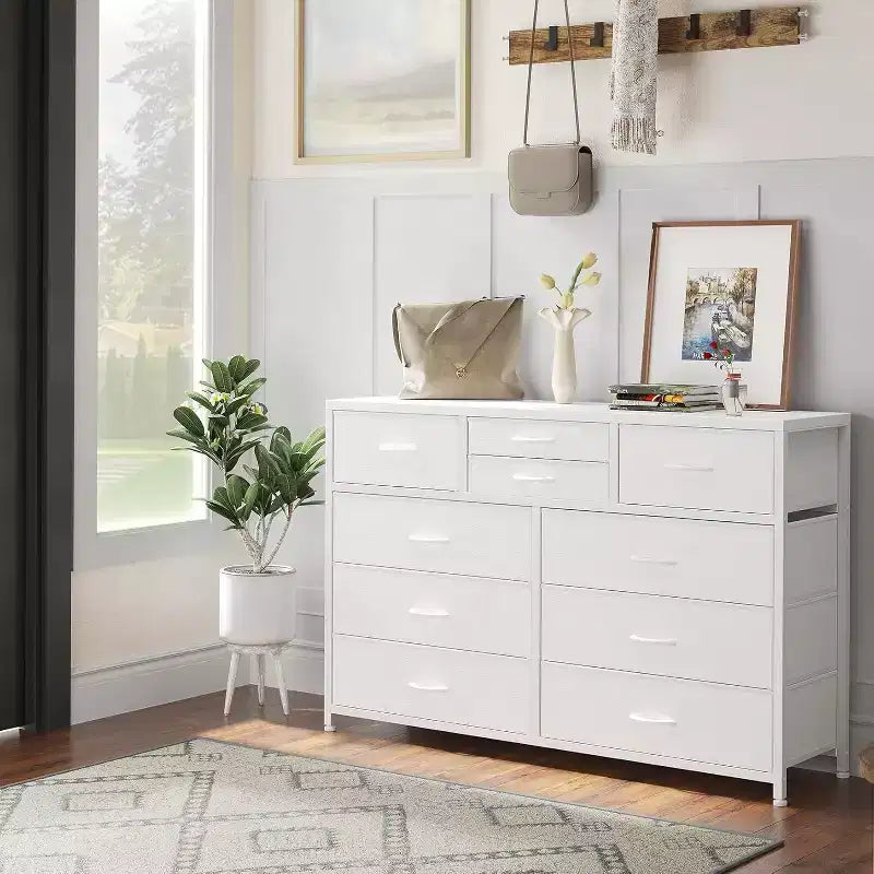 10 Drawers Fabric Dressers for Bedroom, Wood Top, Steel Frame, Modern Chest of Drawers, Lightweight Dresser with Fabric Bins for Living Room, Hallway