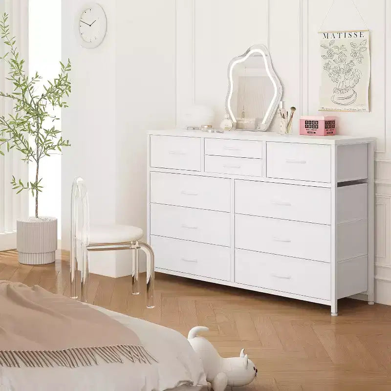 10 Drawers Fabric Dressers for Bedroom, Wood Top, Steel Frame, Modern Chest of Drawers, Lightweight Dresser with Fabric Bins for Living Room, Hallway