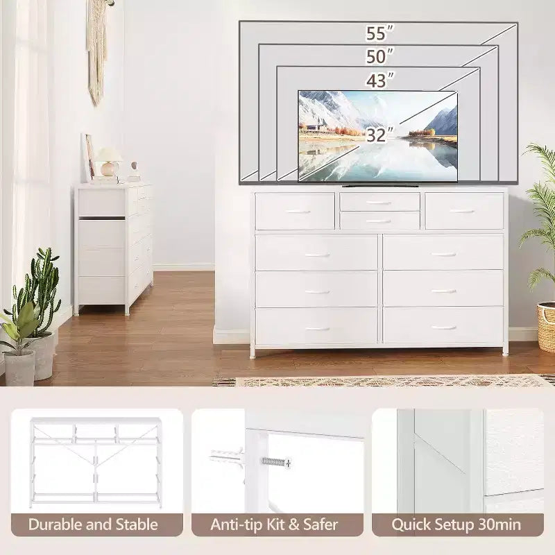 10 Drawers Fabric Dressers for Bedroom, Wood Top, Steel Frame, Modern Chest of Drawers, Lightweight Dresser with Fabric Bins for Living Room, Hallway