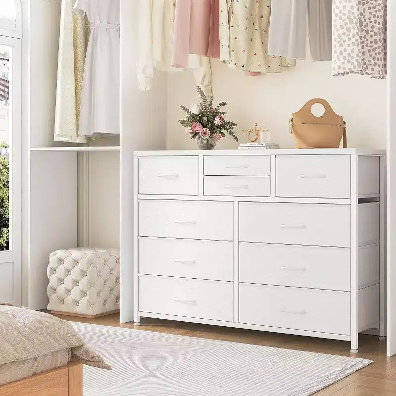 10 Drawers Fabric Dressers for Bedroom, Wood Top, Steel Frame, Modern Chest of Drawers, Lightweight Dresser with Fabric Bins for Living Room, Hallway