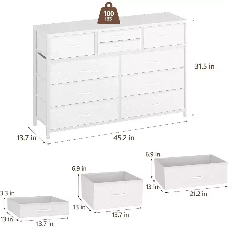 10 Drawers Fabric Dressers for Bedroom, Wood Top, Steel Frame, Modern Chest of Drawers, Lightweight Dresser with Fabric Bins for Living Room, Hallway