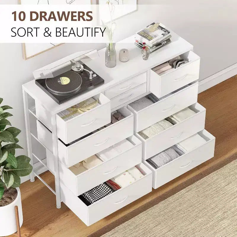 10 Drawers Fabric Dressers for Bedroom, Wood Top, Steel Frame, Modern Chest of Drawers, Lightweight Dresser with Fabric Bins for Living Room, Hallway